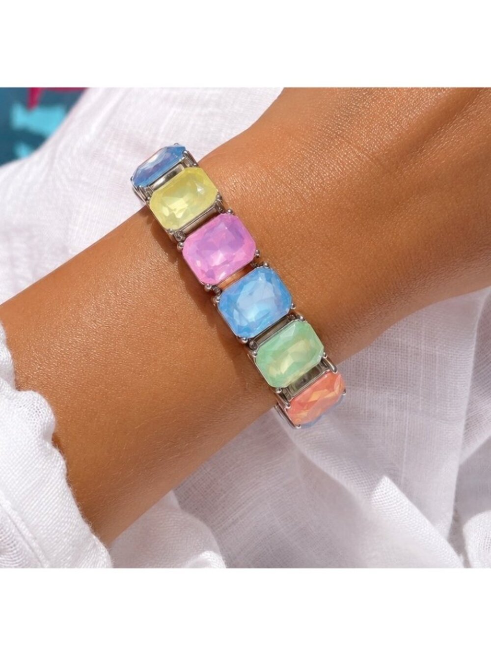 Rainbow Pastel UV Glow In The Dark Glass Cabochon Stretch Statement Bracelet